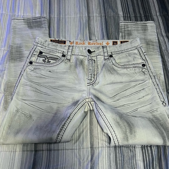 Rock Revival Light Grey Slim Straight Jeans with Embroidered Flame Pockets - Picture 2 of 2